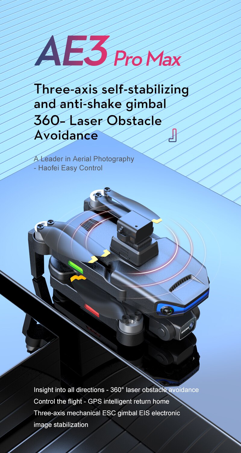 کوادکوپتر AE3 PRO MAX مخصوص عکس‌برداری و فیلم‌برداری هوایی باقابلیت اجتناب از موانع لیزری و سیستم ضد لرزش سه محوره